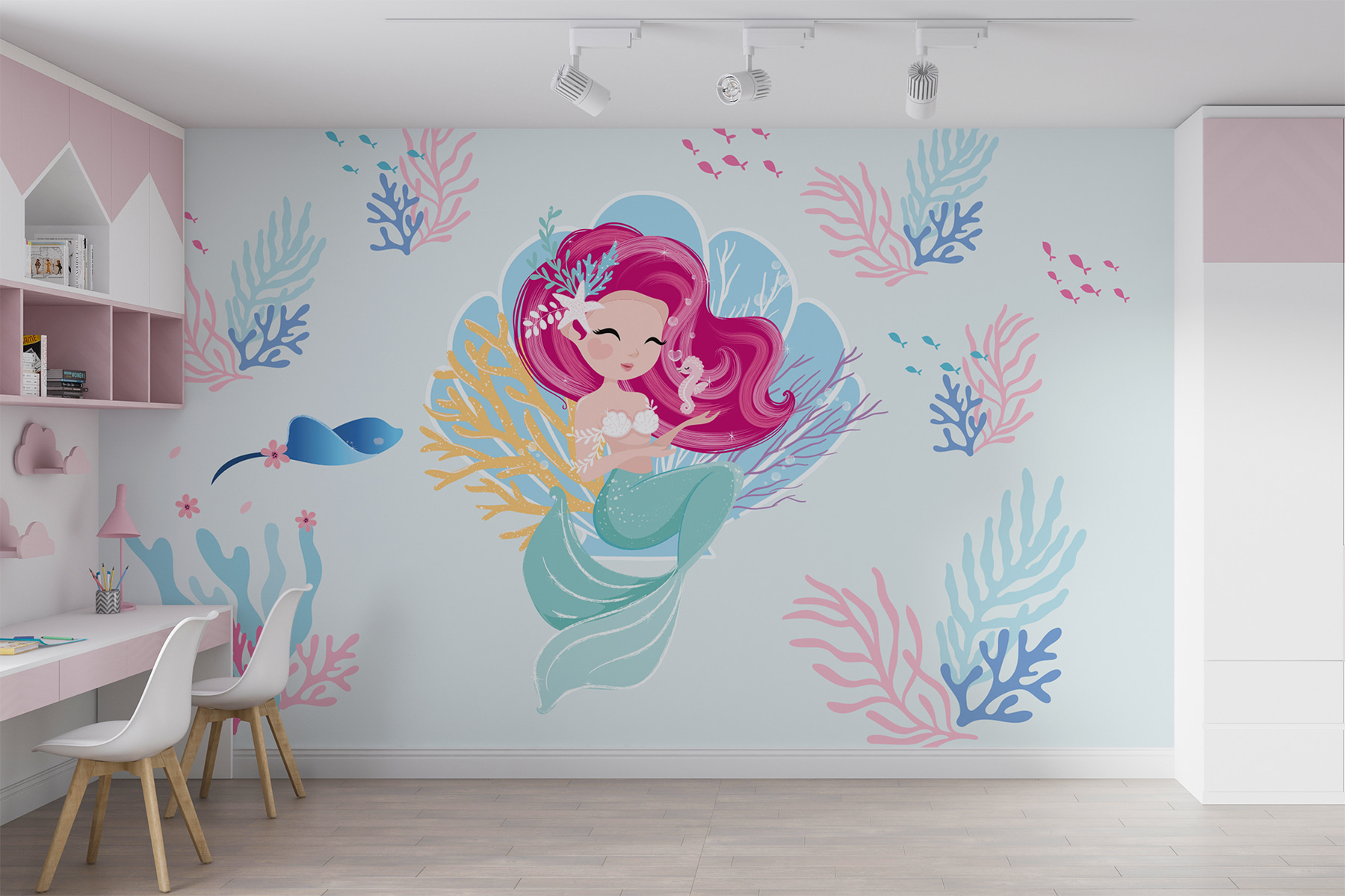 Cartoon mermaid with pink hair and a seahorse