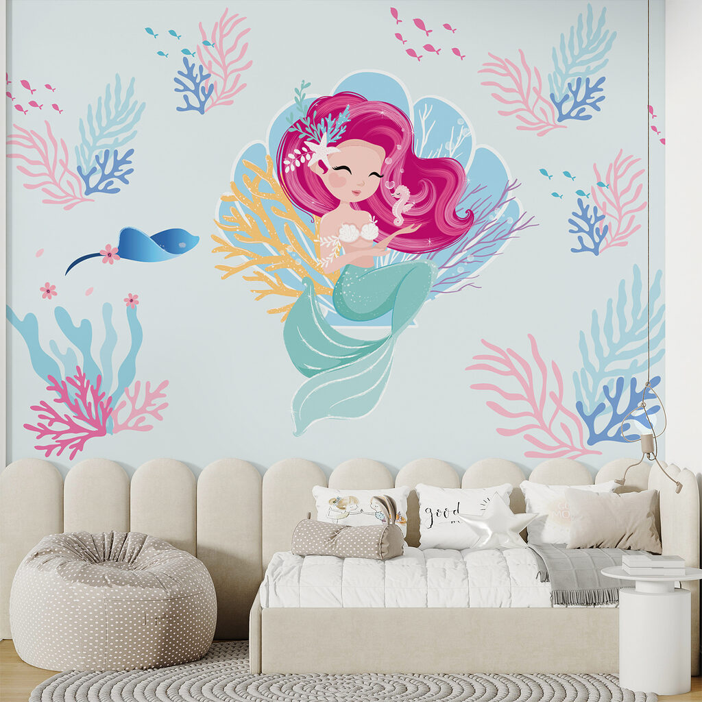 Cartoon mermaid with pink hair and a seahorse