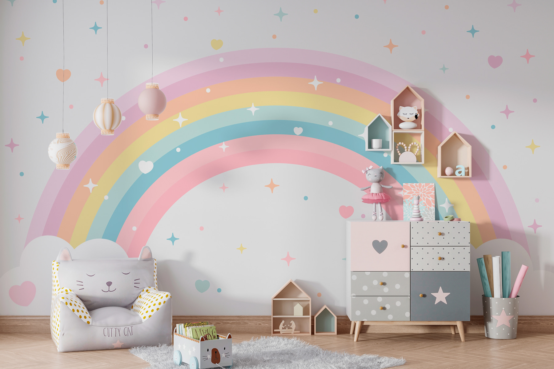 Rainbow with clouds and stars