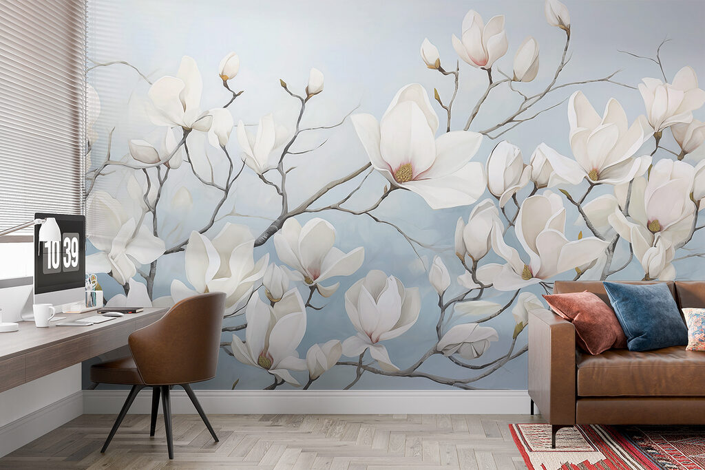 Painting of white flowers on a branch