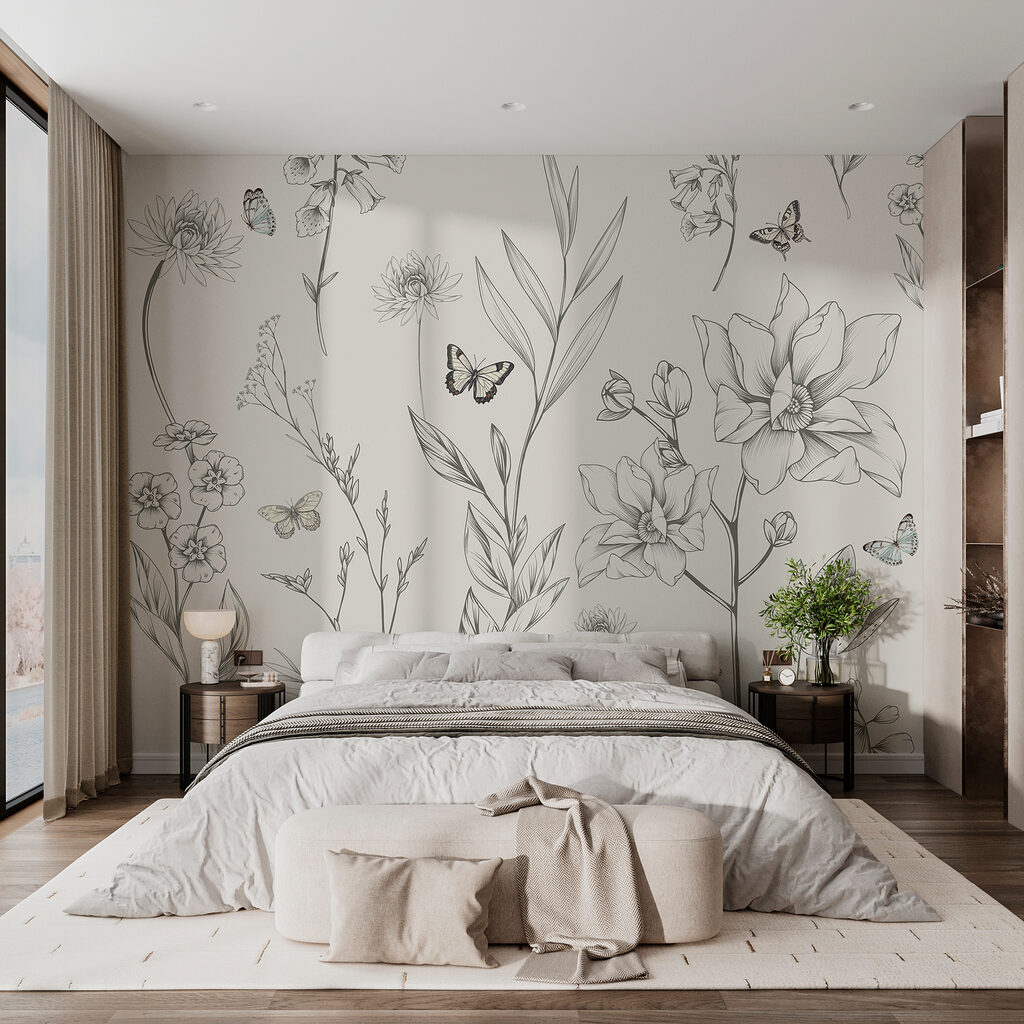 Wallpaper with flowers and butterflies