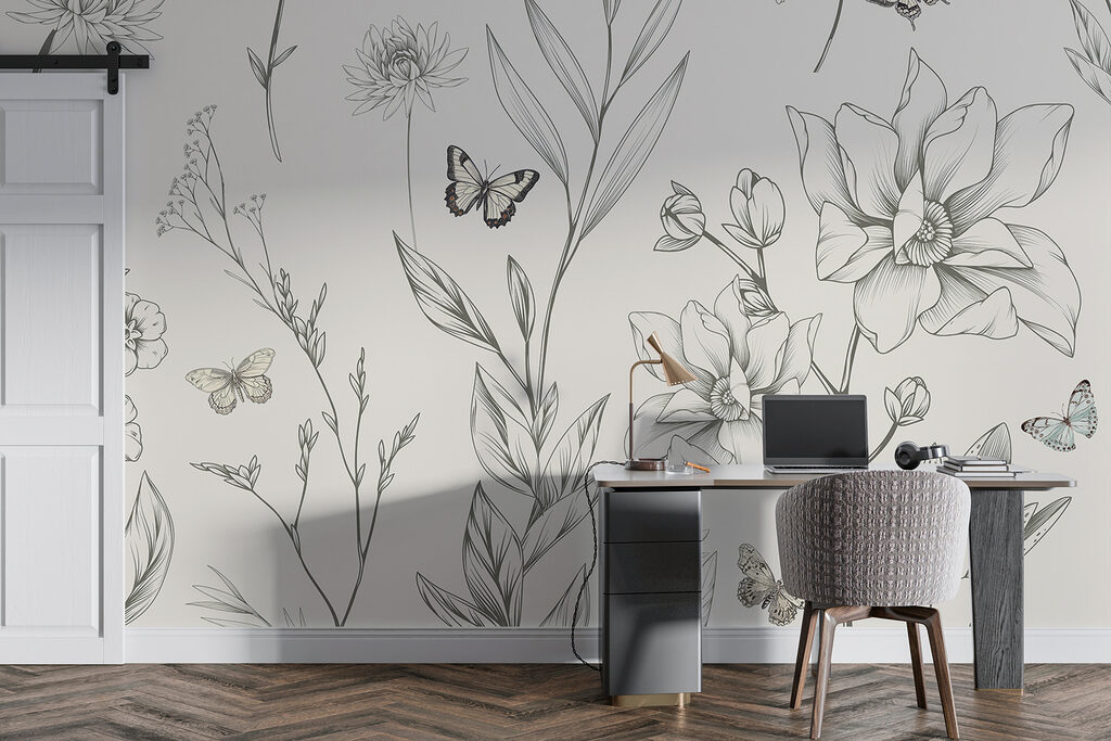 Wallpaper with flowers and butterflies