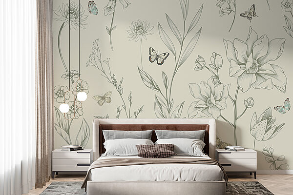Wallpaper with flowers and butterflies