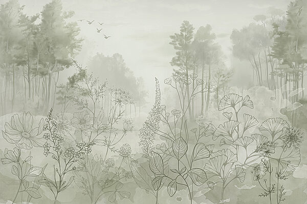 Foggy forest with trees and birds