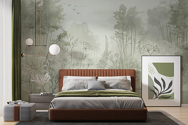 Foggy forest with trees and birds