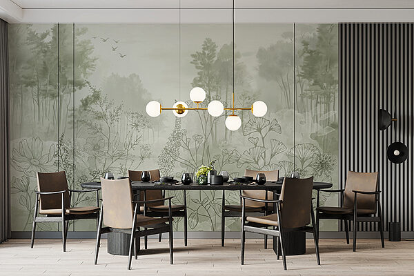 Foggy forest with trees and birds