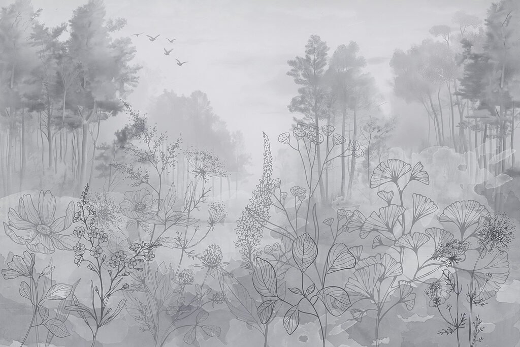 Greyscale image of a forest with birds flying