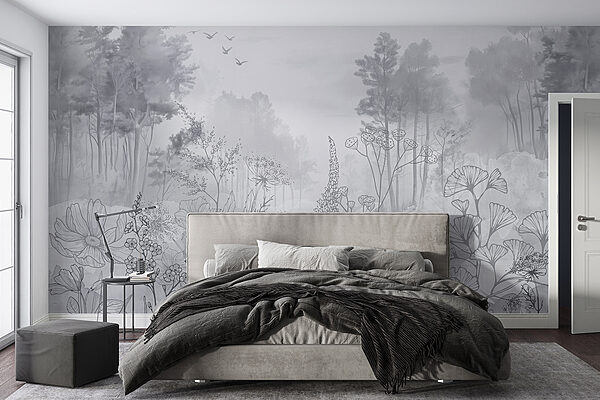 Greyscale image of a forest with birds flying