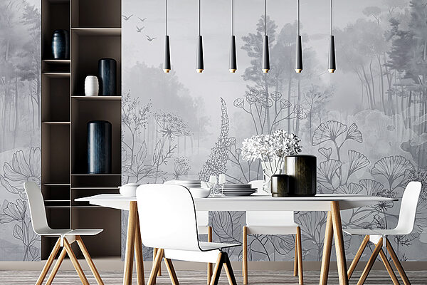 Greyscale image of a forest with birds flying