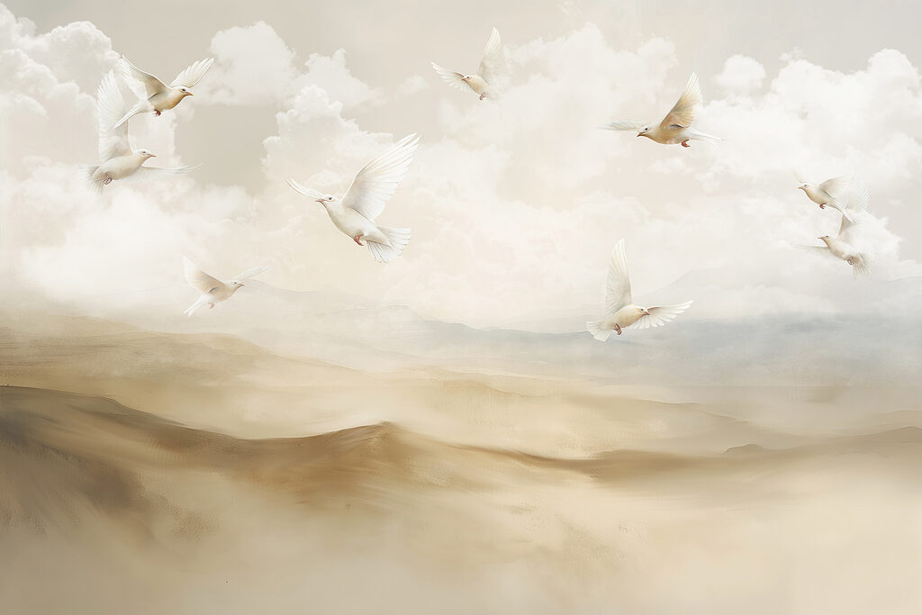 Group of white birds flying in the sky