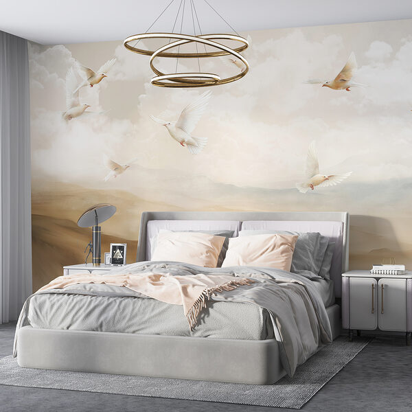 Group of white birds flying in the sky