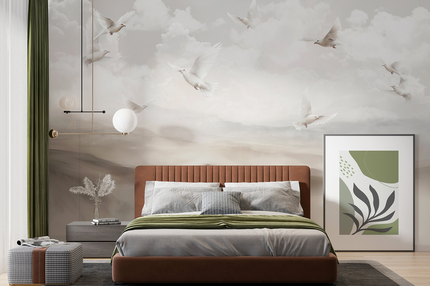 Group of white birds flying in the sky