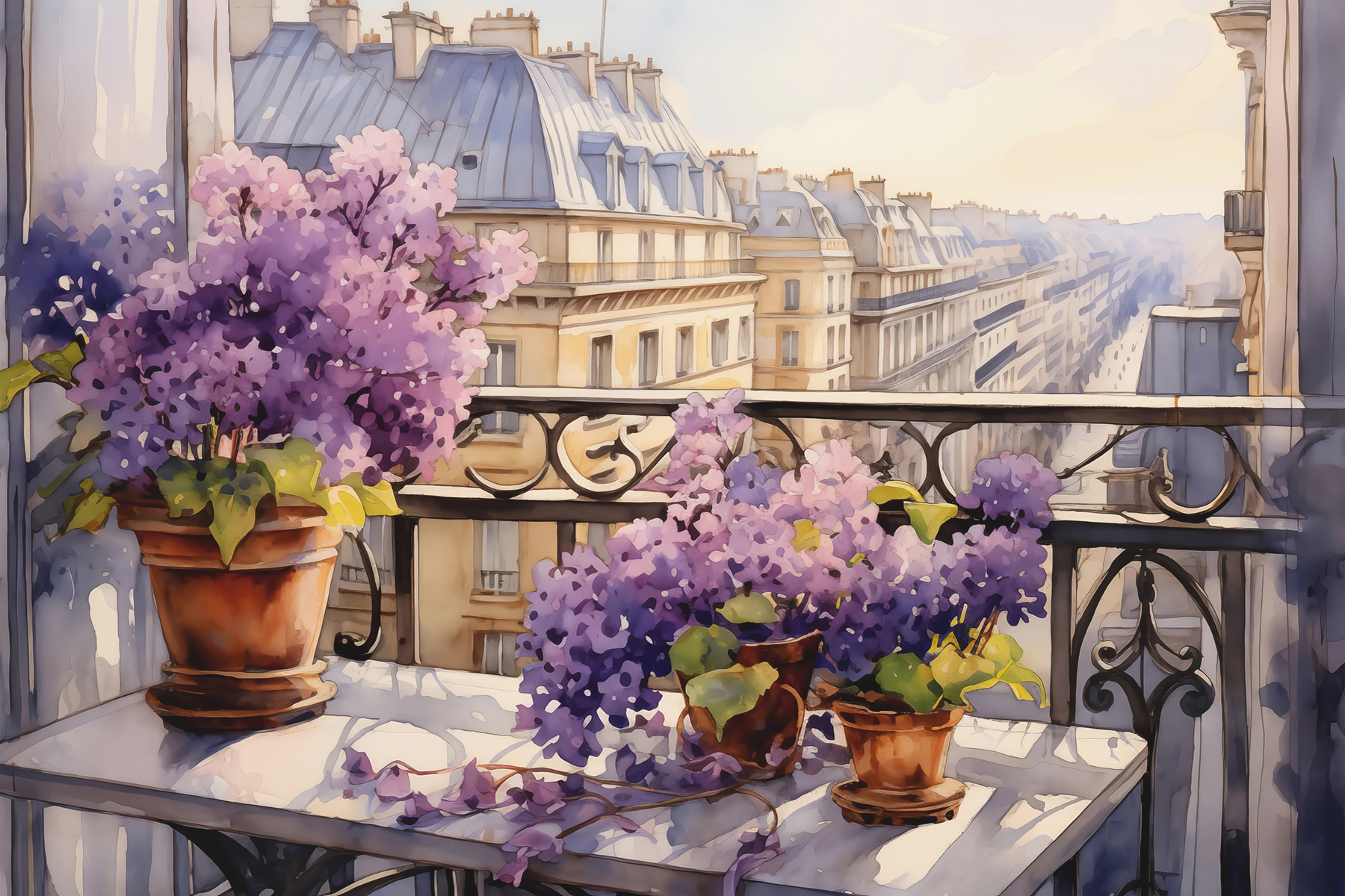 Painting of a balcony with purple flowers Painting of a balcony with purple flowers