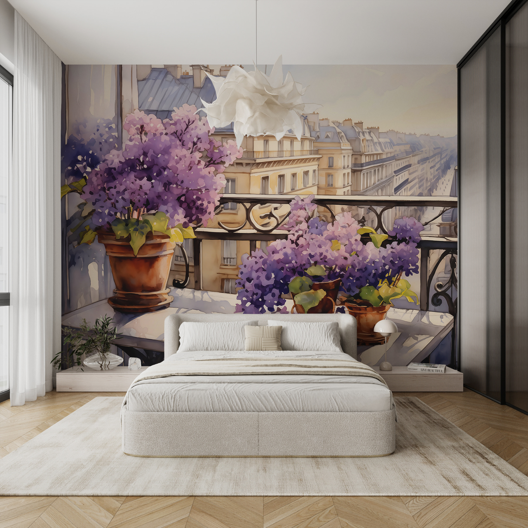 Painting of a balcony with purple flowers Painting of a balcony with purple flowers