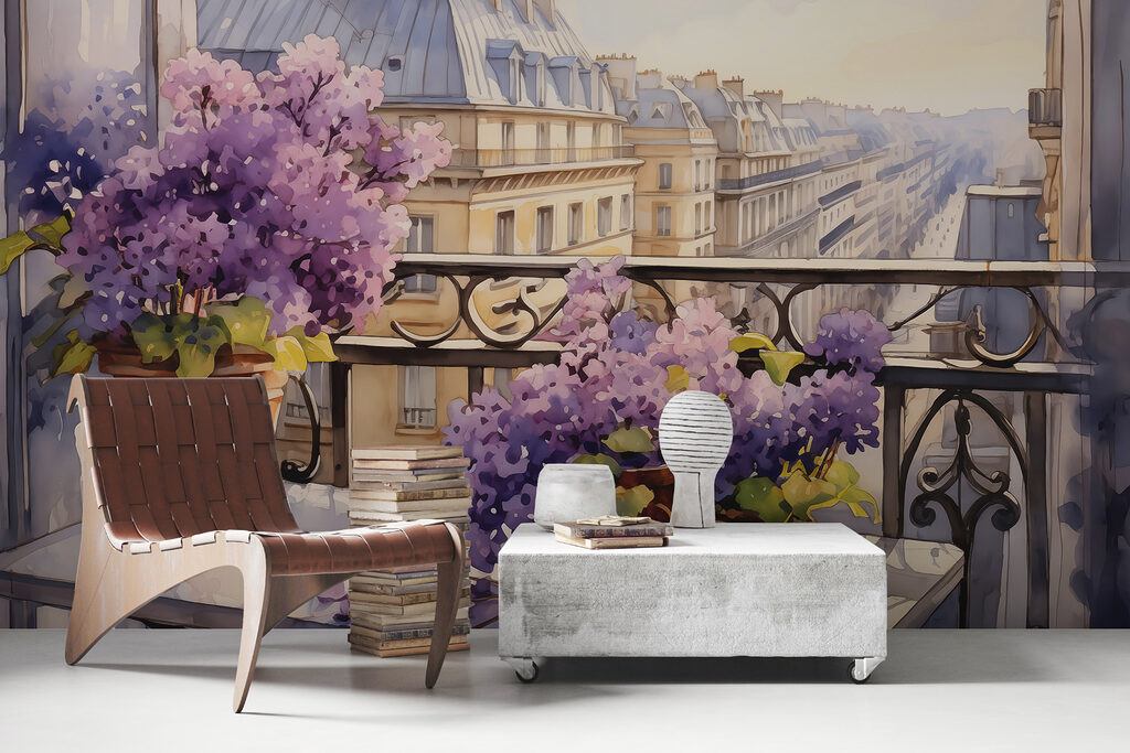 Painting of a balcony with purple flowers Painting of a balcony with purple flowers