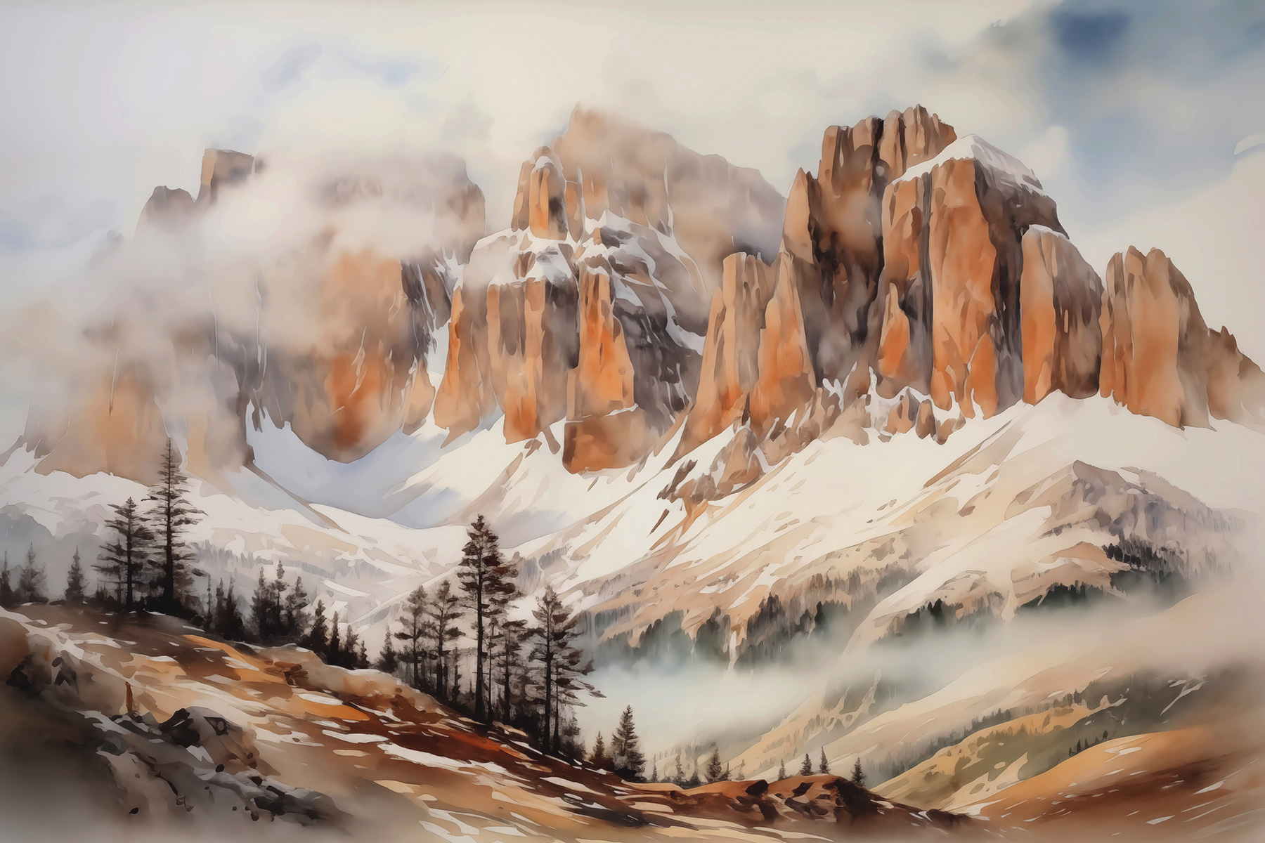 Mountain range with trees and clouds Mountain range with trees and clouds