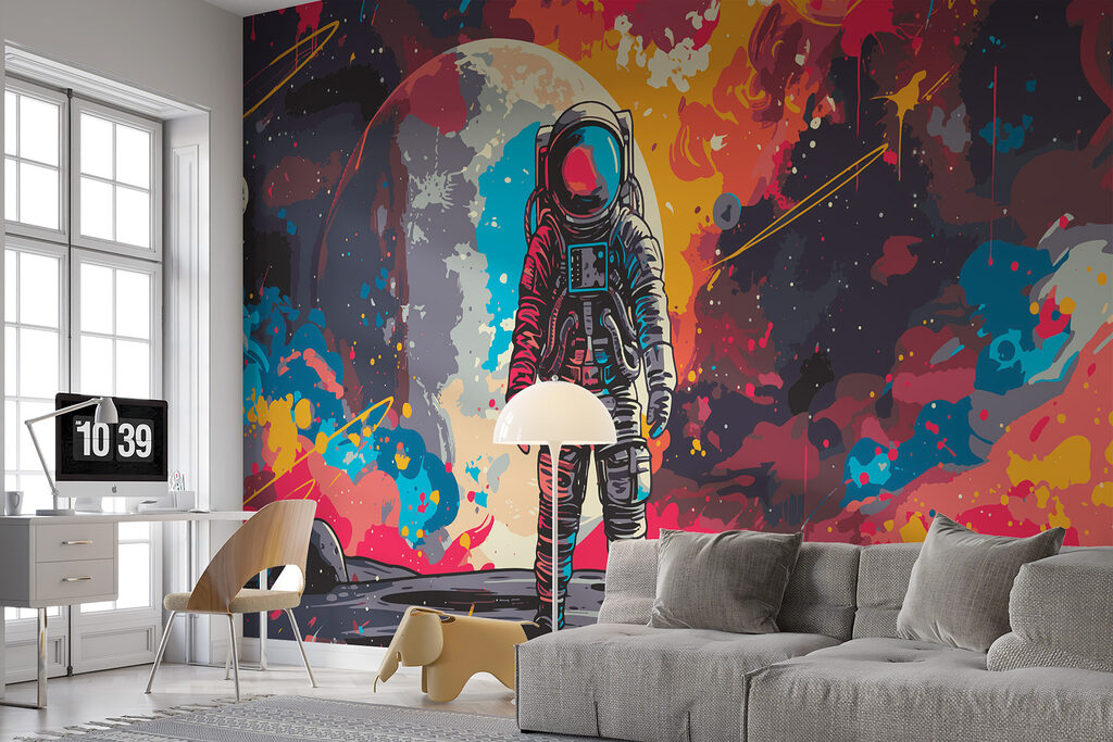 Astronaut in space with a large red and orange space behind him Astronaut in space with a large red and orange space behind him