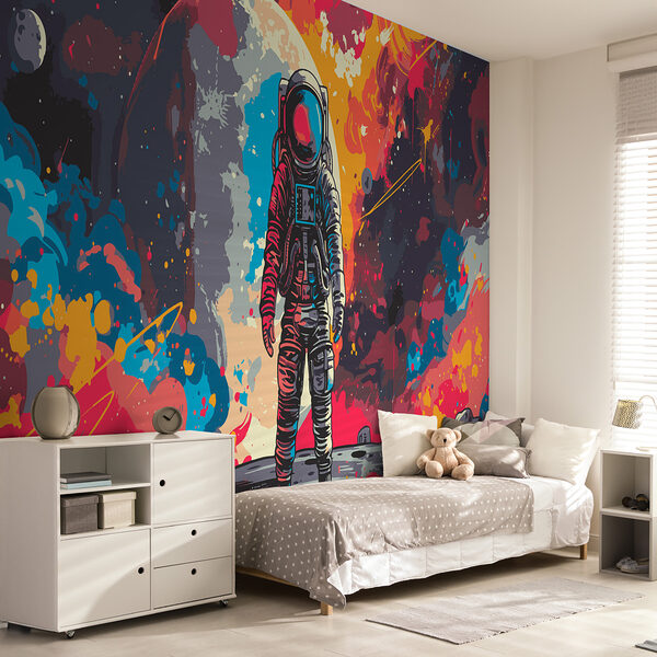 Astronaut in space with a large red and orange space behind him Astronaut in space with a large red and orange space behind him