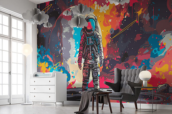 Astronaut in space with a large red and orange space behind him Astronaut in space with a large red and orange space behind him