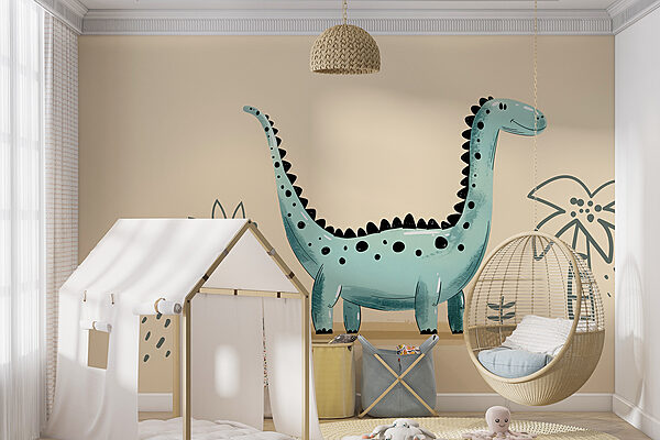 Cartoon dinosaur with plants and leaves Cartoon dinosaur with plants and leaves