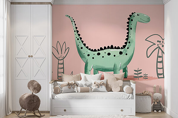 Cartoon dinosaur with plants and leaves