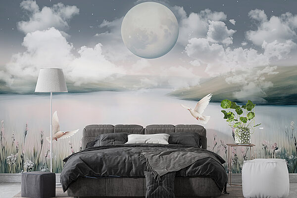 Ταπετσαρίες Ταπετσαρίες Πουλιά που πετούν πάνω από μια λίμνη (Κωδικός προϊόντος: w01389)