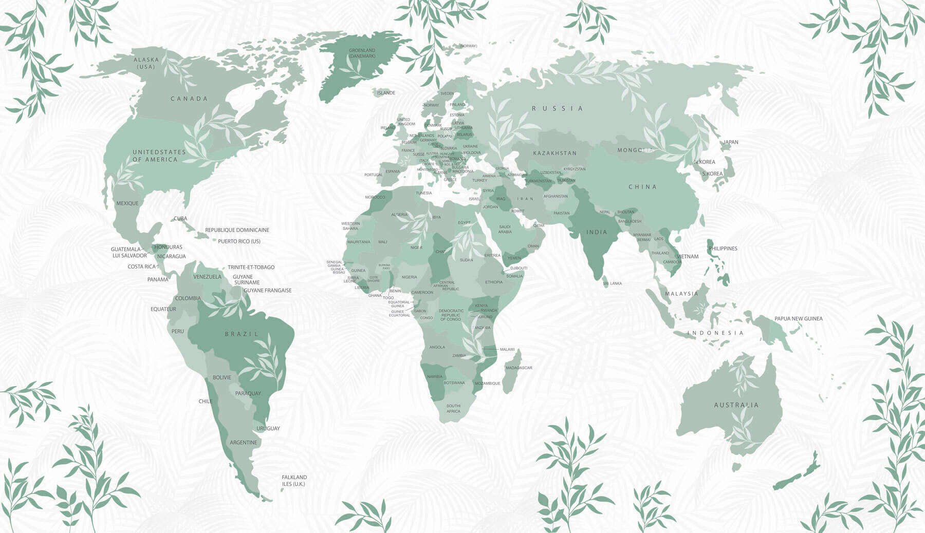 Map of the world with green leaves