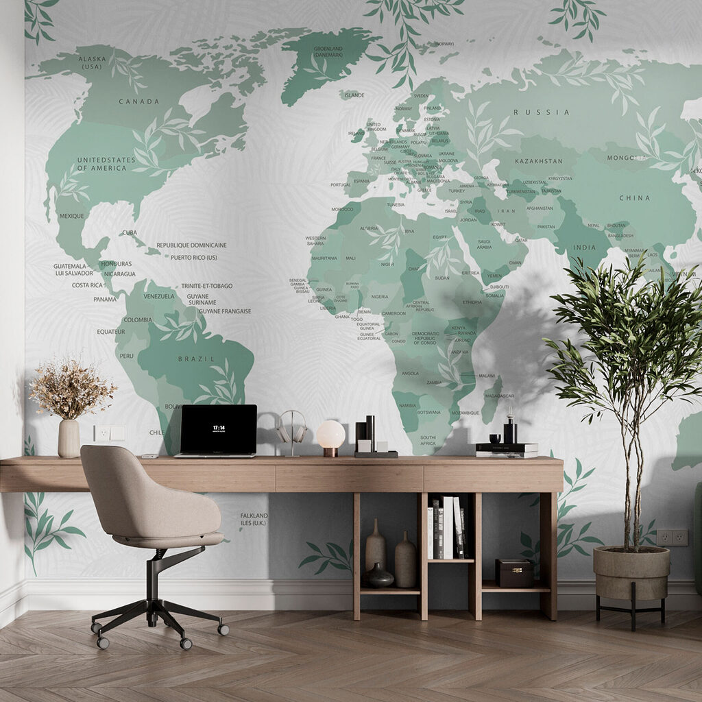 Map of the world with green leaves