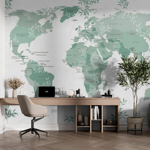 Map of the world with green leaves