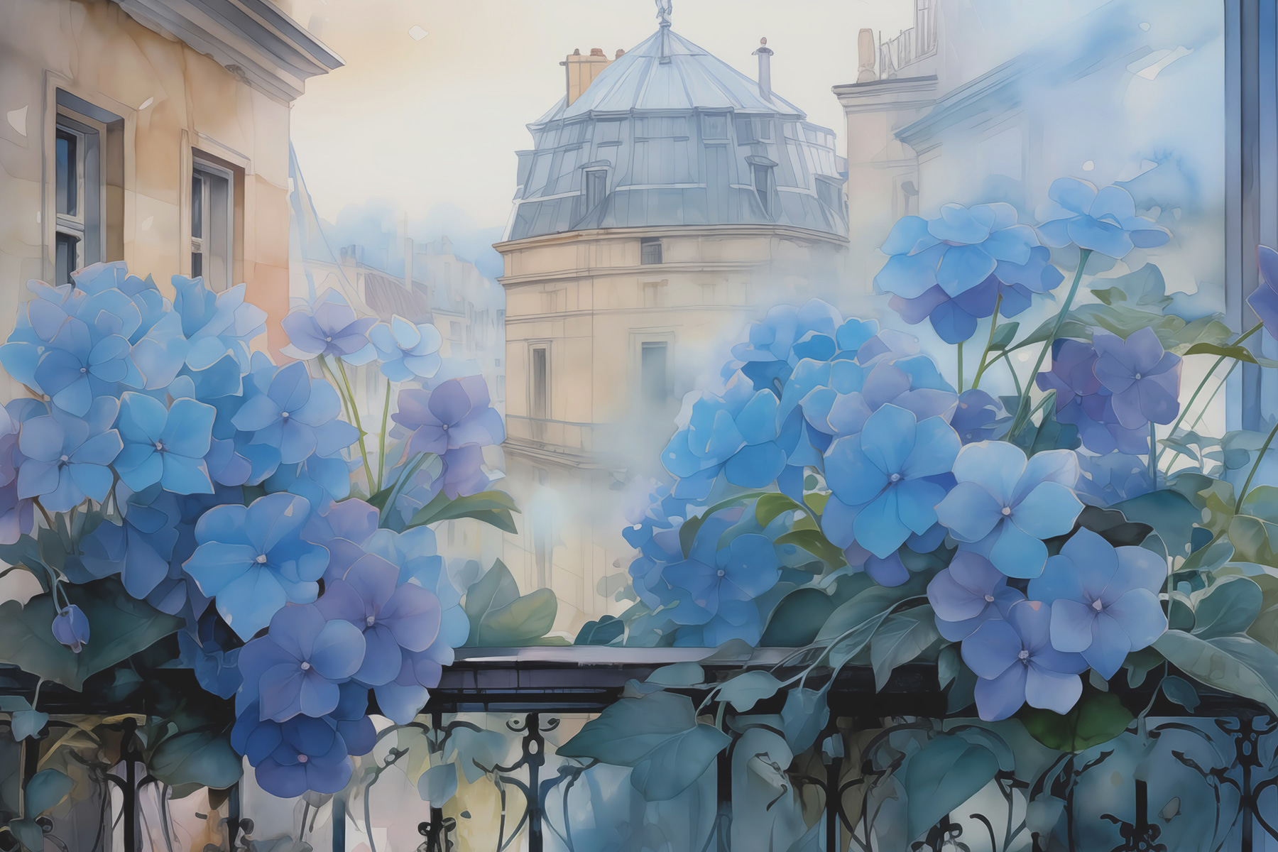 Painting of blue flowers on a balcony