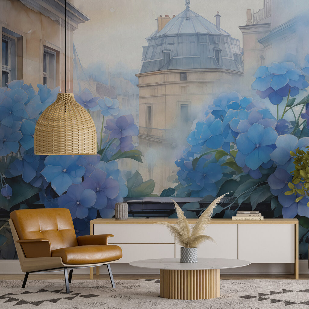 Painting of blue flowers on a balcony