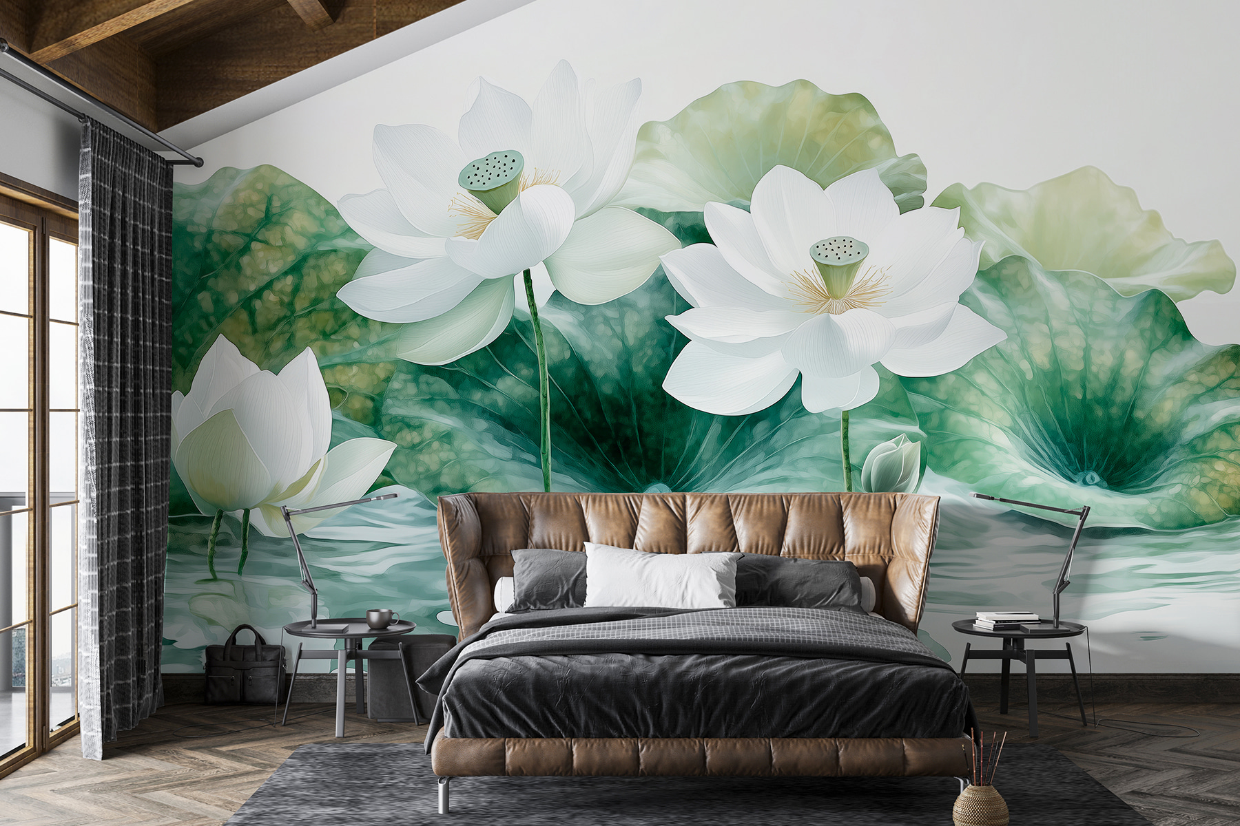 Group of white flowers and green leaves in water