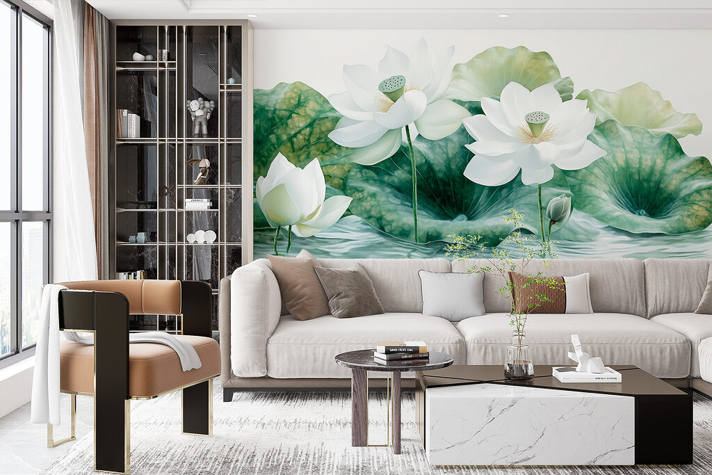 Group of white flowers and green leaves in water