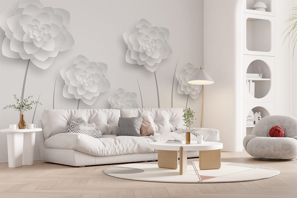 White paper flowers on a white background