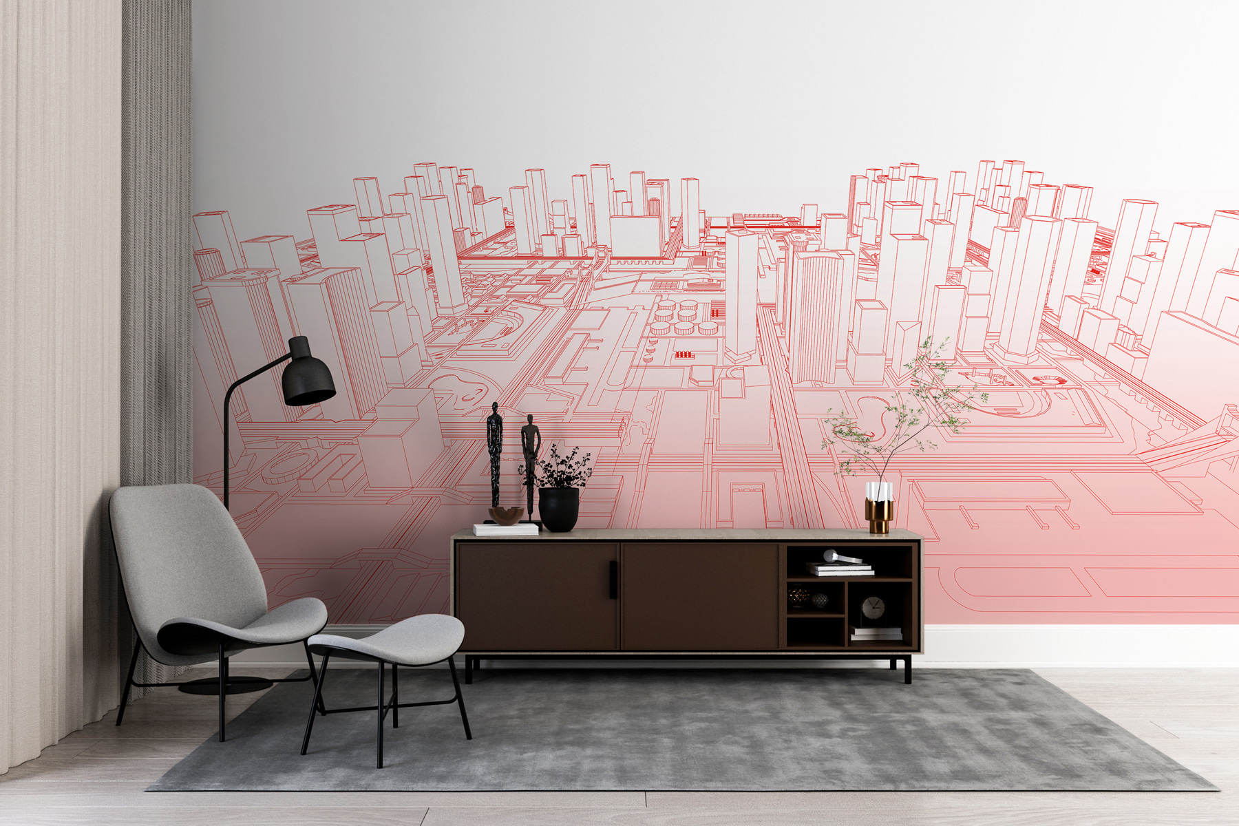 Red line drawing of a city