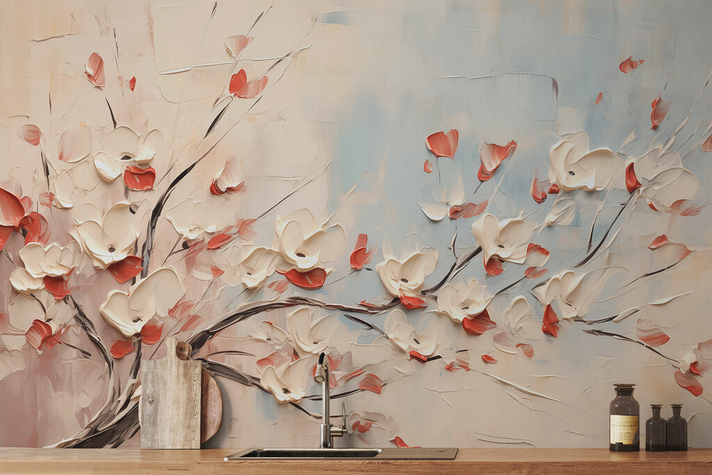 Painting of a tree with white flowers