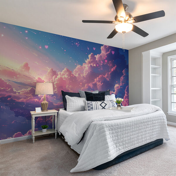 Ταπετσαρίες Πολύχρωμος ουρανός με σύννεφα και καρδιές