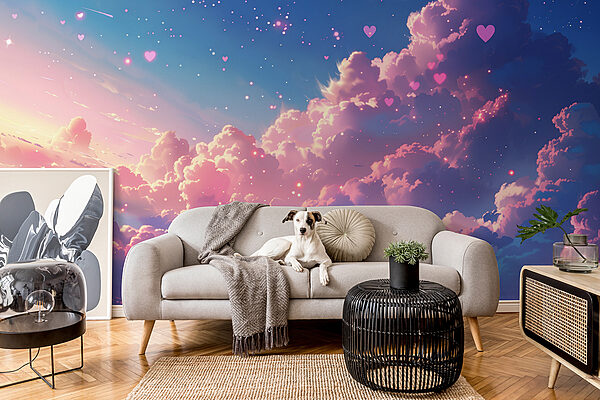 Colorful sky with clouds and hearts