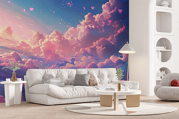 Colorful sky with clouds and hearts