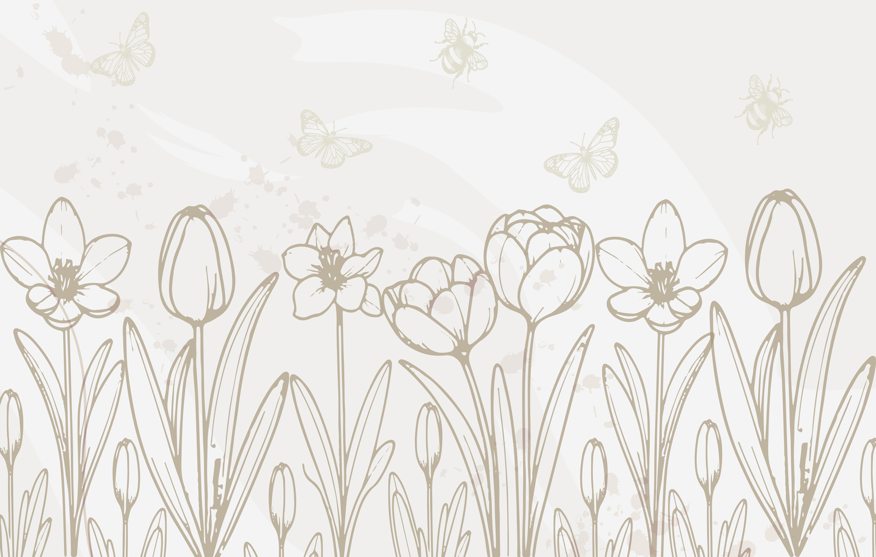Line drawing of flowers and butterflies