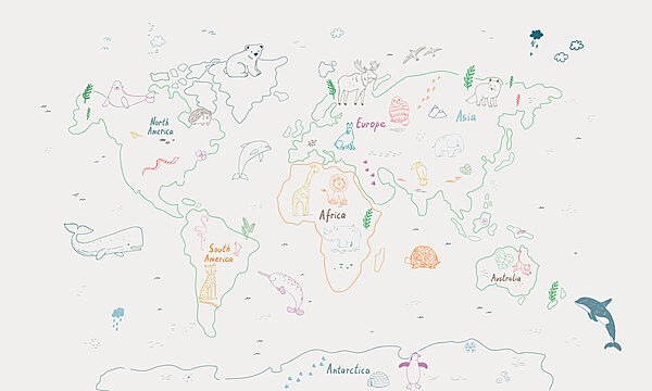 Map of the world with animals and text