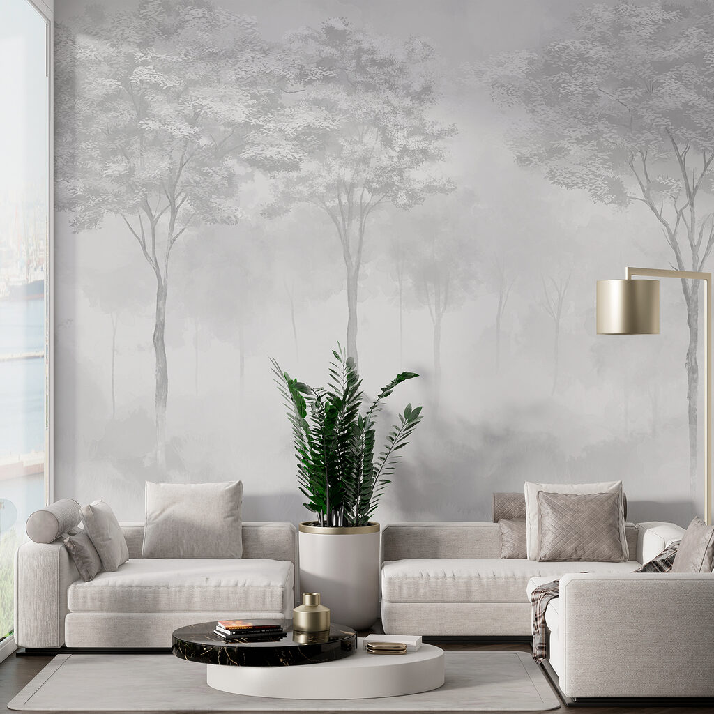 Group of trees in a foggy forest