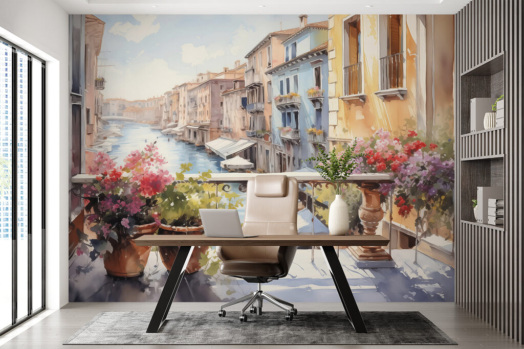 Watercolor painting of a river with a row of buildings and flowers on a balcony Watercolor painting of a river with a row of buildings and flowers on a balcony