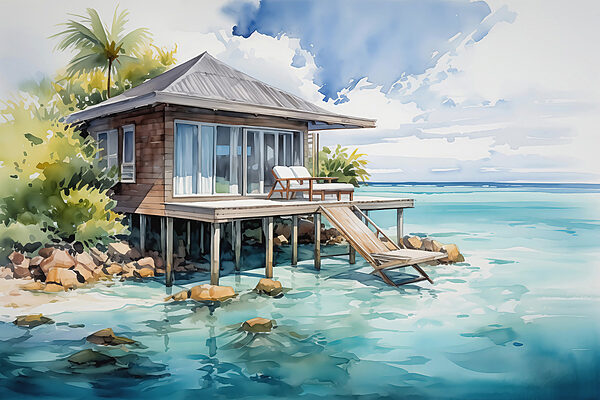 Watercolor painting of a house on stilts