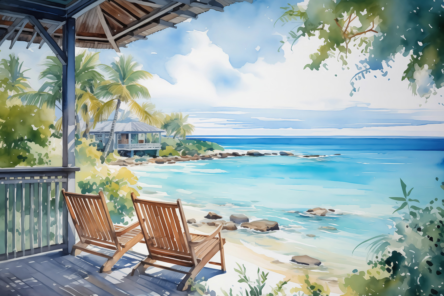 Watercolor painting of chairs on a deck overlooking a beach