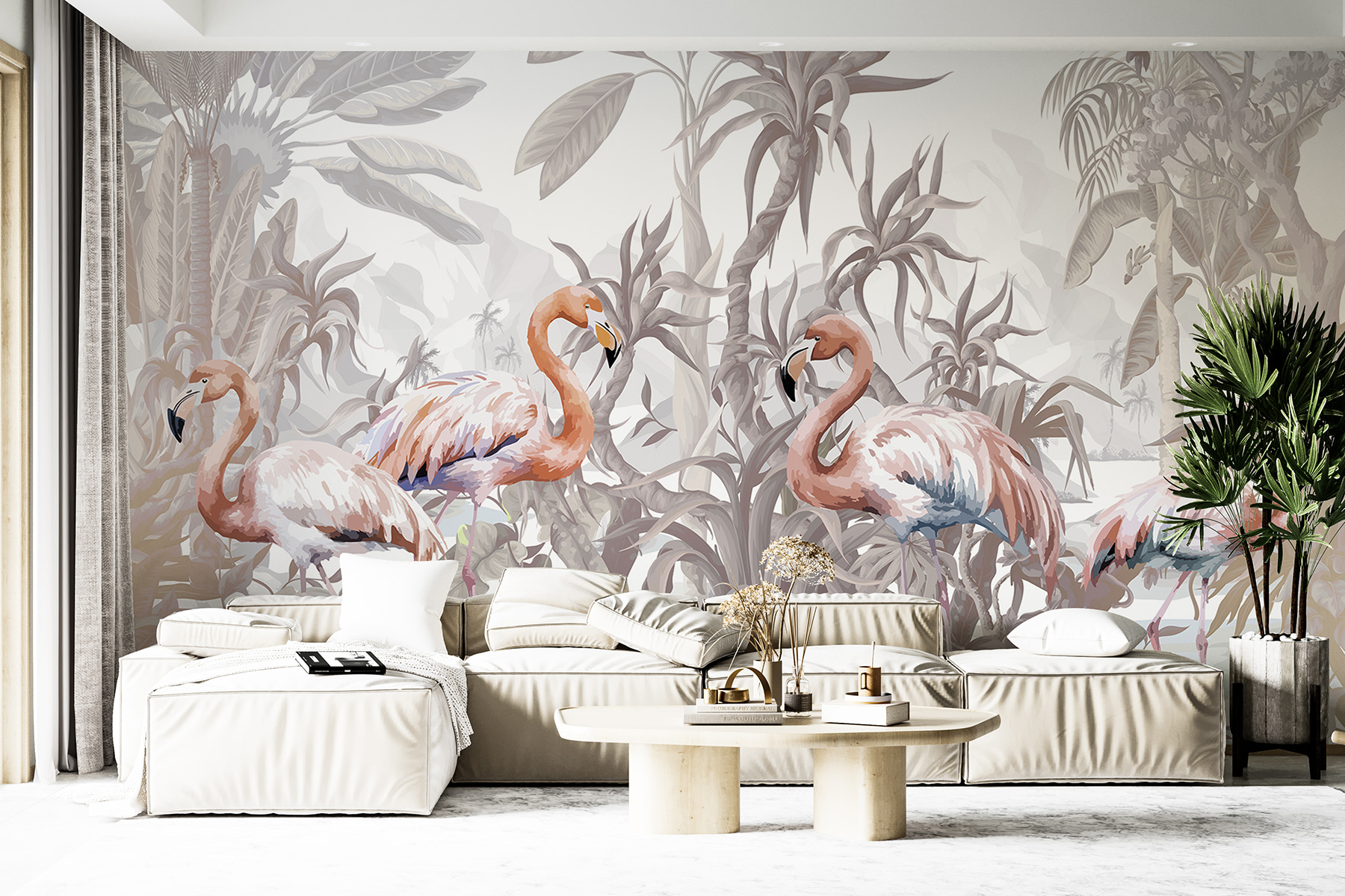 Group of flamingos in a forest