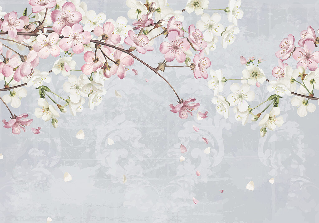 Branch with white and pink flowers