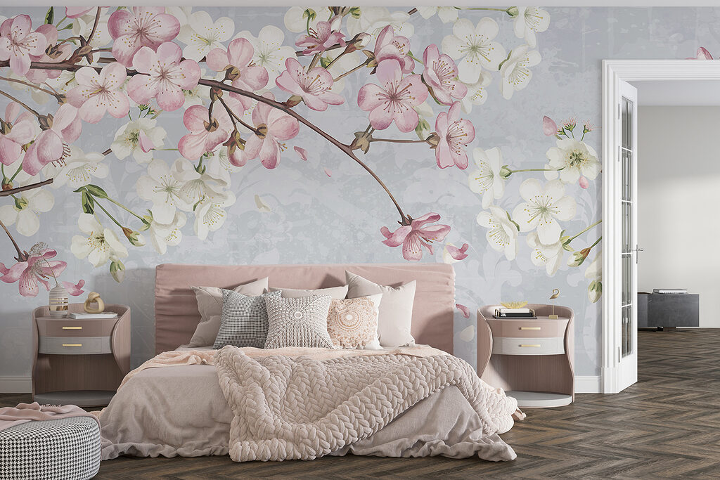 Branch with white and pink flowers