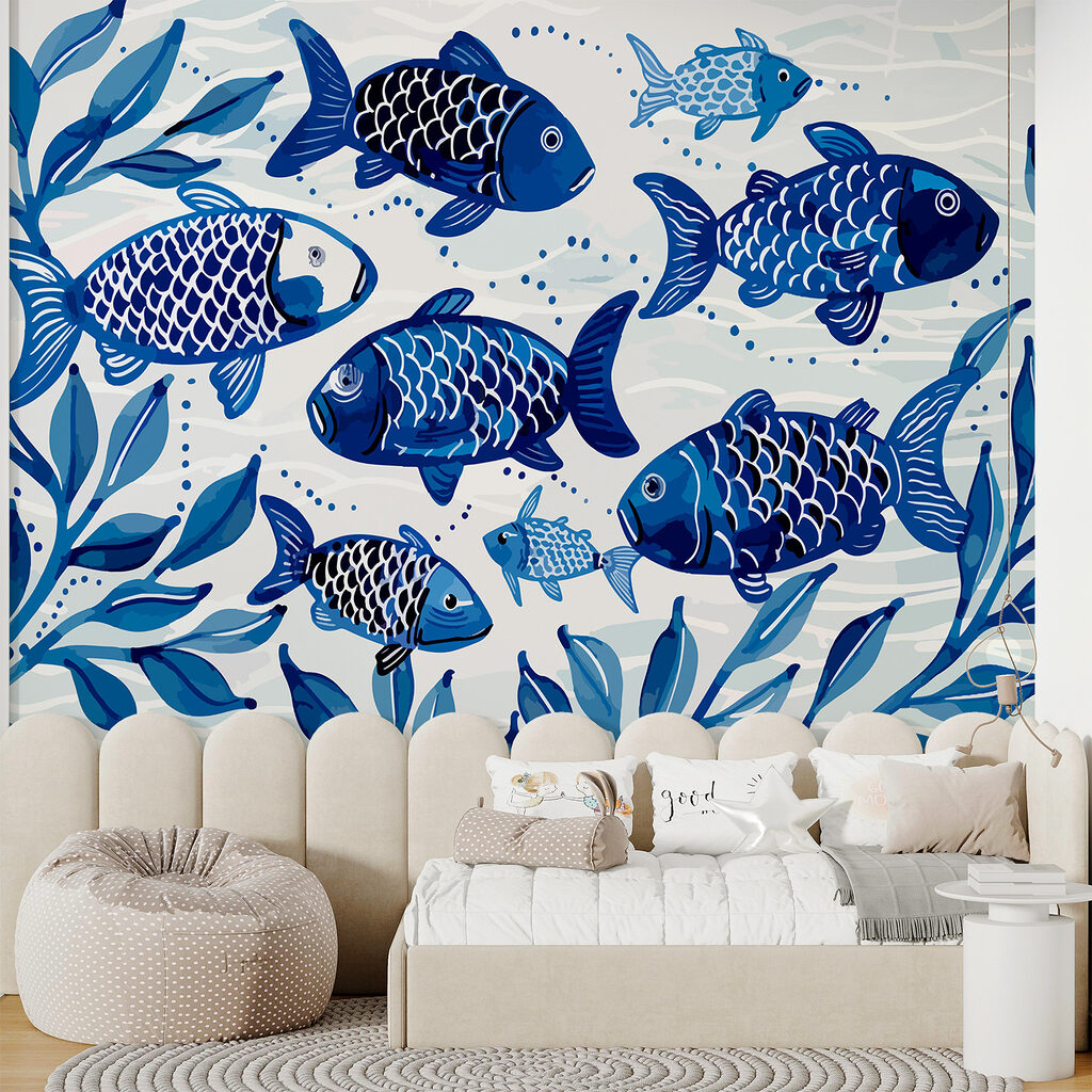 Group of blue fish swimming in water