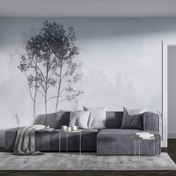 Foggy landscape with trees and grass